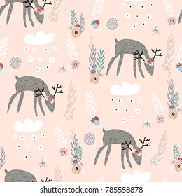 Seamless pattern with deers, floral elements, branches. Creative woodland background. Perfect for kids apparel,fabric, textile, nursery decoration,wrapping paper.Vector Illustration