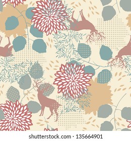 Seamless pattern with deers, flowers and leaves