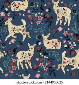 Seamless pattern with deers and flowers. Vector graphics.