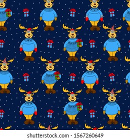 Seamless pattern, deers, gifts, snow, hand drawn backdrop. Colorful background vector. Design illustration. Decorative wallpaper, good for fabric. Funny winter time.