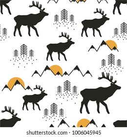 Seamless pattern, deers, mountains, fir-trees and sun, hand drawn overlapping backdrop. Black and white background vector. Illustration animals. Decorative wallpaper, good for printing