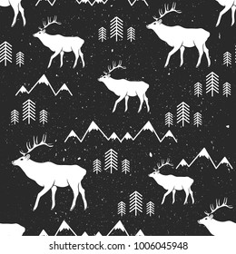 Seamless pattern, deers, mountains and fir-trees, hand drawn overlapping backdrop. Black and white background vector. Illustration with animals. Decorative wallpaper, good for printing. Winter time