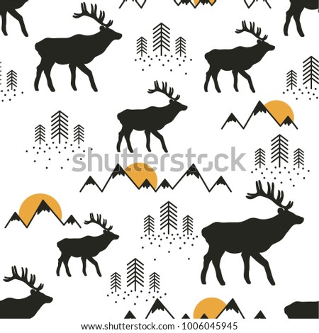 Seamless pattern, deers, mountains, fir-trees and sun, hand drawn overlapping backdrop. Black and white background vector. Illustration animals. Decorative wallpaper, good for printing