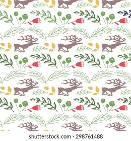 Seamless pattern with deers petroglyphs, vegetable elements, berries, flowers, leaves. Vector illustration. 