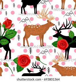  Seamless pattern with deers and roses on  colored  background