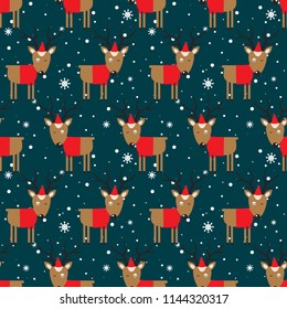 Seamless pattern, deers, snow, hand drawn overlapping backdrop. Colorful background vector. Design illustration. Decorative cute wallpaper, good for printing. Happy New Year. Winter time