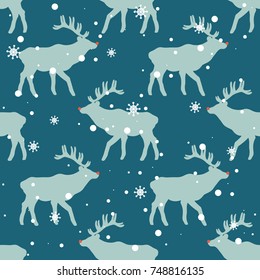 Seamless pattern, deers and snow, hand drawn overlapping backdrop. Colorful background vector. Illustration animals. Decorative wallpaper, good for printing. Happy New Year, greeting card. Winter time