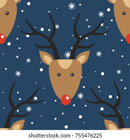 Seamless pattern, deers and snow, hand drawn overlapping backdrop. Colorful background vector. Illustration animals. Decorative wallpaper, good for printing. Happy New Year, greeting card. Winter time