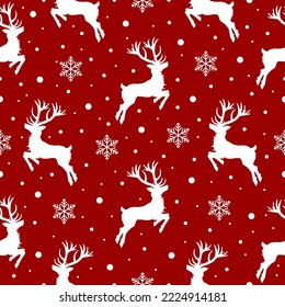 Seamless pattern deers and snowflakes. Christmas, New Year background for the design of wrapping paper, postcards, fabrics, textiles, banners. Festive texture.Vector illustration.