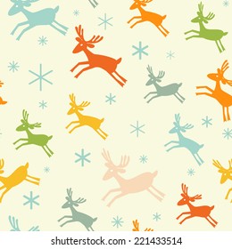 Seamless pattern with deers and snowflakes.  Holiday design. Merry Christmas card design. Winter. Vector illustration.