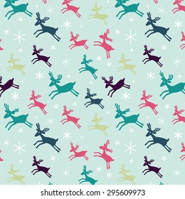 Seamless pattern with deers and snowflakes.  Winter Holiday hand drawn design for fabric, wrapping paper, greeting cards or invitation. Christmas decoration. Vector illustration.
