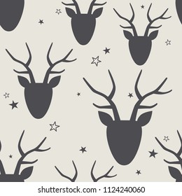 Seamless pattern, deers, stars, hand drawn overlapping backdrop. Colorful background vector. Design illustration. Decorative wallpaper, good for printing
