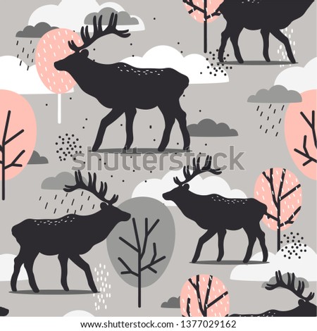 Seamless pattern, deers, trees, clouds, hand drawn overlapping backdrop. Colorful background vector. Illustration with animals. Decorative cute wallpaper, good for printing