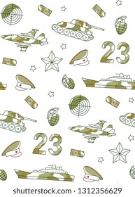 Seamless pattern for Defender of Fatherland Day card with army, military objects. Russian holiday, 23 february vector illustration on isolated background.