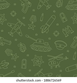 Seamless pattern for Defender of the Fatherland Day 23 february and Victory day 9 may. Hand drawn vector illustration on green background