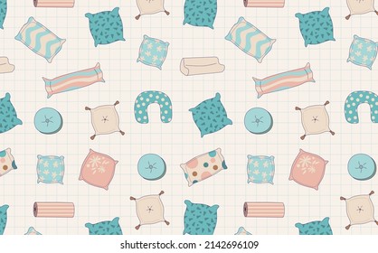 Seamless pattern of deferent pillows on the checked background.