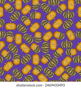 Seamless pattern with Delica Winter Squash  or pumpkin Courge Delica Moretti. Fruit and vegetables. Flat style. Isolated vector illustration.