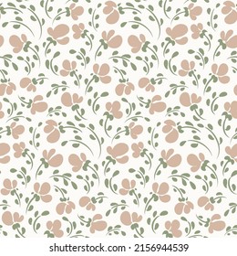 Seamless pattern with delicate artistic flowers composition. Cute floral print, romantic botanical background with small flowers, leaves, twigs on a white field. Vector illustration in rustic style.