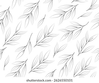 Seamless pattern of delicate black and grey leafy branches drawn in minimalist line art style on a clean white background. Concept of nature and elegance. Vector illustration