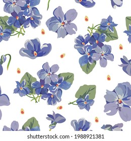 Seamless pattern of delicate blue flowers and leaves. Vector illustration on a white background.