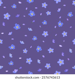 A seamless pattern of delicate blue flowers scattered over a soft purple background, creating a calming and vibrant floral design.