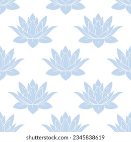 Patrón inmaculado, delicadas flores azules de loto sobre un fondo blanco. Fondo floral, tela, impresión. Vector