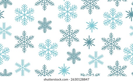 Patrón sin fisuras con delicados copos de nieve azules sobre un fondo claro. Diseño crujiente e invernal, perfecto para papel de regalo de temporada, textiles o decoraciones navideñas.