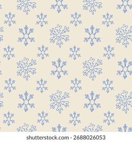 Seamless pattern of delicate blue snowflakes on beige background. Represents winter season, cold weather, and festive holiday concept