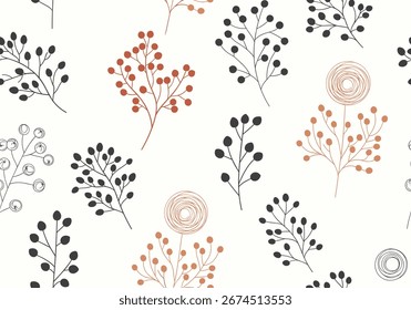 Padrão sem emenda delicados ramos botânicos com pequenas bagas e botões em cores naturais