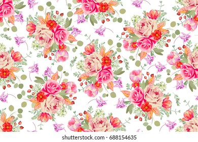 Seamless pattern with delicate bouquets of roses, rosehip flowers,berries, aquilegia, pink tulips and eucalyptus leaves 1 .Floral motif 2