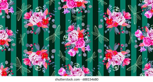 Seamless pattern with delicate bouquets of roses, rosehip flowers,berries, aquilegia, pink tulips, eucalyptus leaves and dragonflies 2