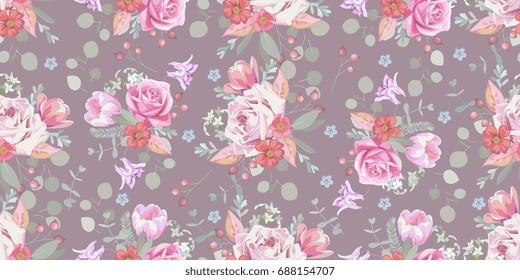 Seamless pattern with delicate bouquets of roses, rosehip flowers,berries, aquilegia, pink tulips and eucalyptus leaves .Vintage print 2
