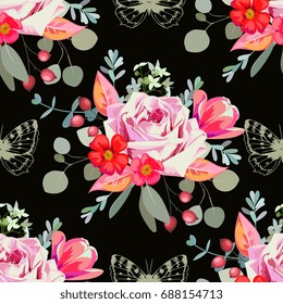 Seamless pattern with delicate bouquets of roses, rosehip flowers,berries, aquilegia, pink tulips, eucalyptus leaves and butterflies 1