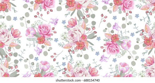 Seamless pattern with delicate bouquets of roses, rosehip flowers,berries, aquilegia, pink tulips and eucalyptus leaves 1.Vintage print 2