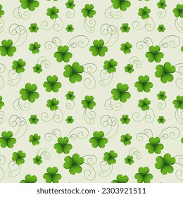 Seamless pattern of delicate clover leaves with tendrils. Textile, decor for pastel linen, print, vector
