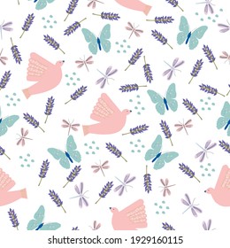 Seamless pattern of delicate color with drawings of birds, butterflies, dragonflies and lavender. vector illustration 