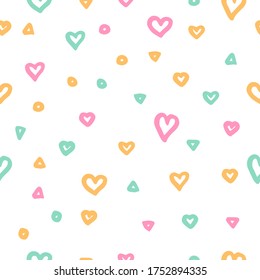 Seamless pattern of delicate color from multi-colored hearts, dots and triangles.