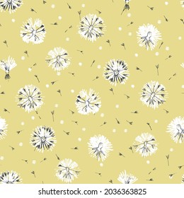 Seamless pattern with delicate dandelion flower heads on yellow background for surface design and other design projects