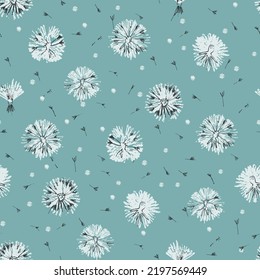 Seamless pattern with delicate dandelion flower heads on sky blue background for surface design and other design projects