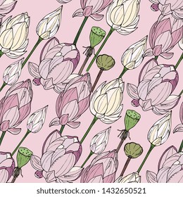 Seamless pattern with Delicate, exotic lotus flower . spring, summer Hand drawn background . floral pattern for wallpaper or textile.Sketch, Linart
