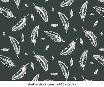 Seamless pattern with delicate feathers in doodle style on a white background, drawn in black ink. Brush and paint texture. Vector illustrations for textile print and pattern. Bird feathers