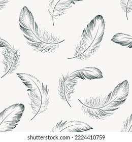 Seamless pattern of delicate feathers drawn in black ink. Texture brush and paint. Vector illustration