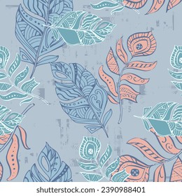 Seamless pattern of delicate feathers drawn in black ink. Texture brush and paint. Beautiful tropical peacock feathers embroidery, template textiles, t-shirt design