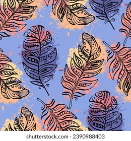 Seamless pattern of delicate feathers drawn in black ink. Texture brush and paint. Beautiful tropical peacock feathers embroidery, template textiles, t-shirt design