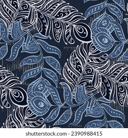Seamless pattern of delicate feathers drawn in black ink. Texture brush and paint. Beautiful tropical peacock feathers embroidery, template textiles, t-shirt design