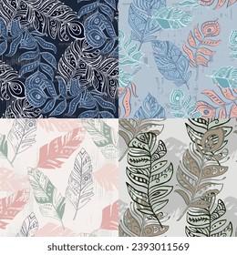 Seamless pattern of delicate feathers drawn in black ink. Texture brush and paint. Beautiful tropical peacock feathers embroidery, template textiles, t-shirt design