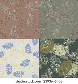 Seamless pattern of delicate feathers drawn in black ink. Texture brush and paint. Beautiful tropical peacock feathers embroidery, template textiles, t-shirt design