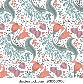 Seamless pattern with delicate floral composition with tulips, berries and physalis on white background. Vector tender natural texture with a bouquet of flowers and branches.