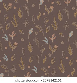 Seamless pattern with delicate floral elements in earthy tones on a dark brown background, illustrated in a minimalist vector style. Ideal for fabrics and elegant wrapping paper.