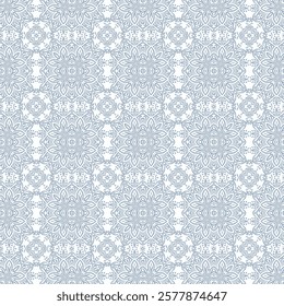 seamless pattern with delicate floral motifs. Endless background with intricate elements in soft, light blue hue on white background. Elegant lace backdrop for textile, wallpaper